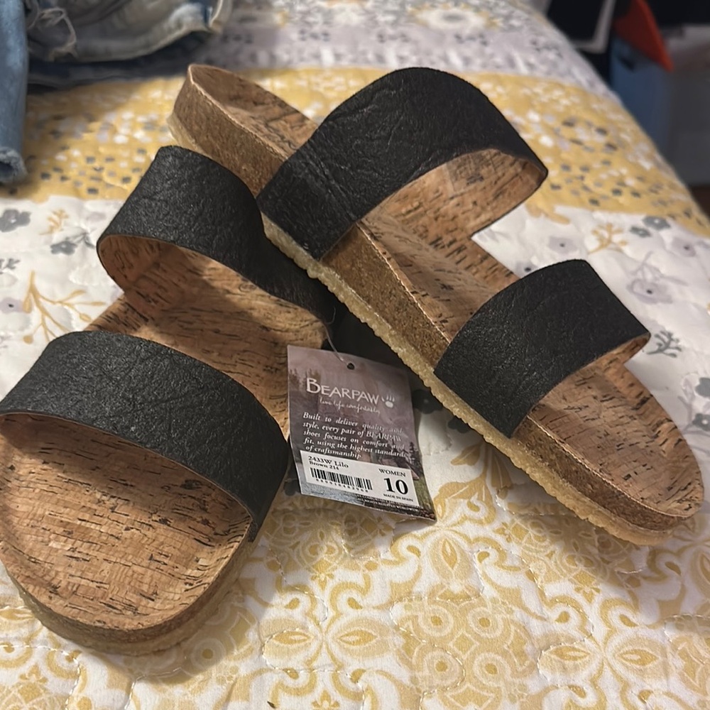 BearPaw Black Sandals with Dual Straps and Cork Footbed